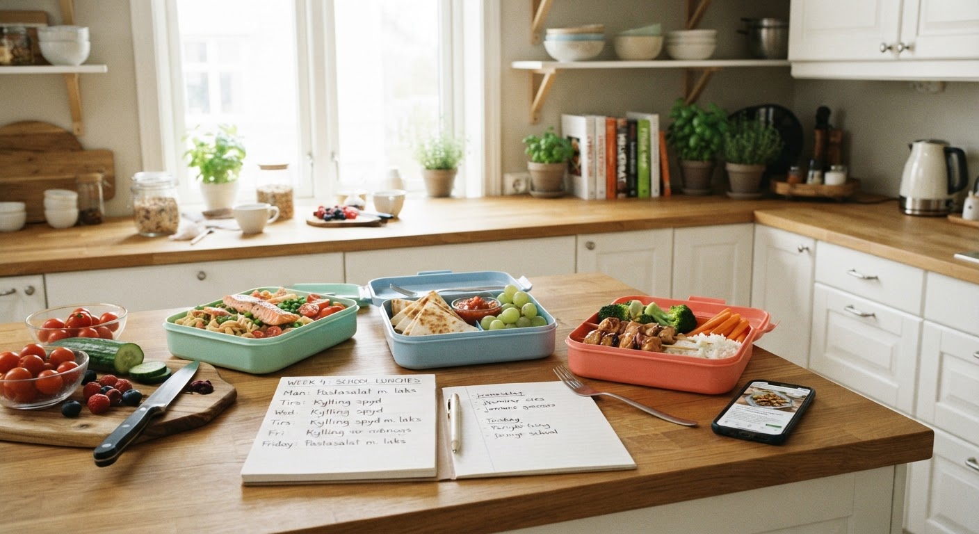 Middagsplanlegging til skolestart Fargerike matbokser fylt med kylling, pasta og friske grønnsaker stilt opp ved siden av en handleliste.