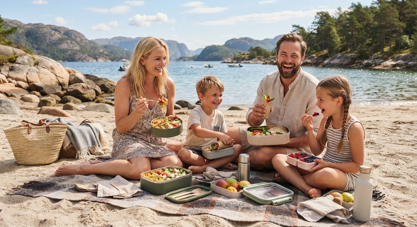 Familie som planlegger sommermeny med AI-verktøy En familie som sitter ved et hagebord med sommerlig mat, mens en person ser på en smarttelefon med en digital ukesmeny.