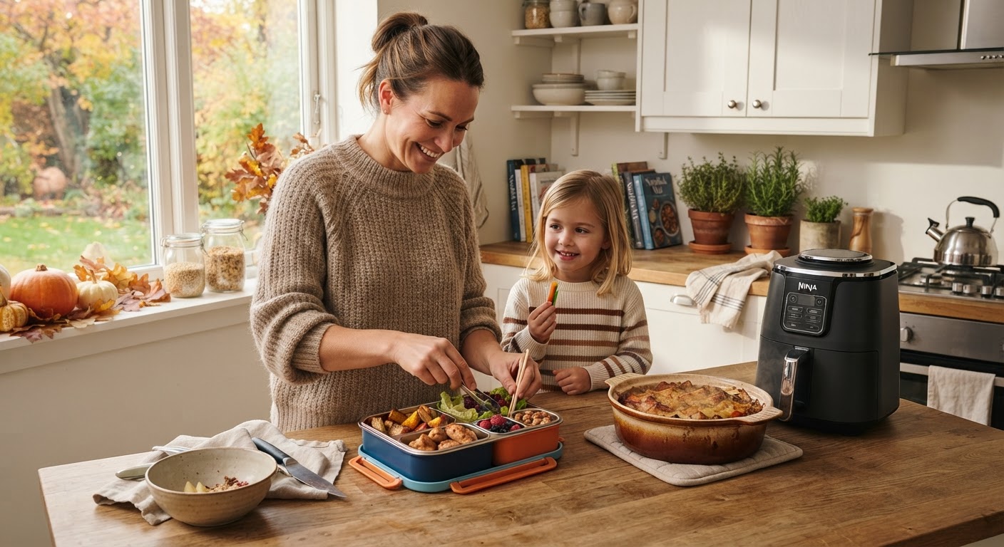 Airfryer og ovn i samspill: 5 lune høstmiddager på 10 min som prepper matpakken En saftig kyllingfilet stekt i ovn ved siden av sprø fiskepinner tilberedt i airfryer, lagt opp som en høstmiddag.