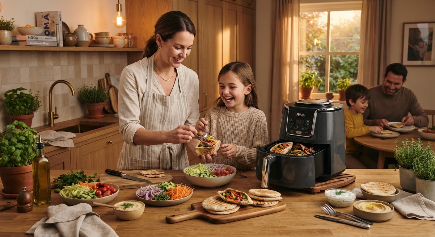Airfryer som middagsplanlegger: 5 raske hverdagsretter Variert utvalg av middagsretter tilberedt i airfryer, inkludert fylte pitabrød og wraps, arrangert på et trebrett.
