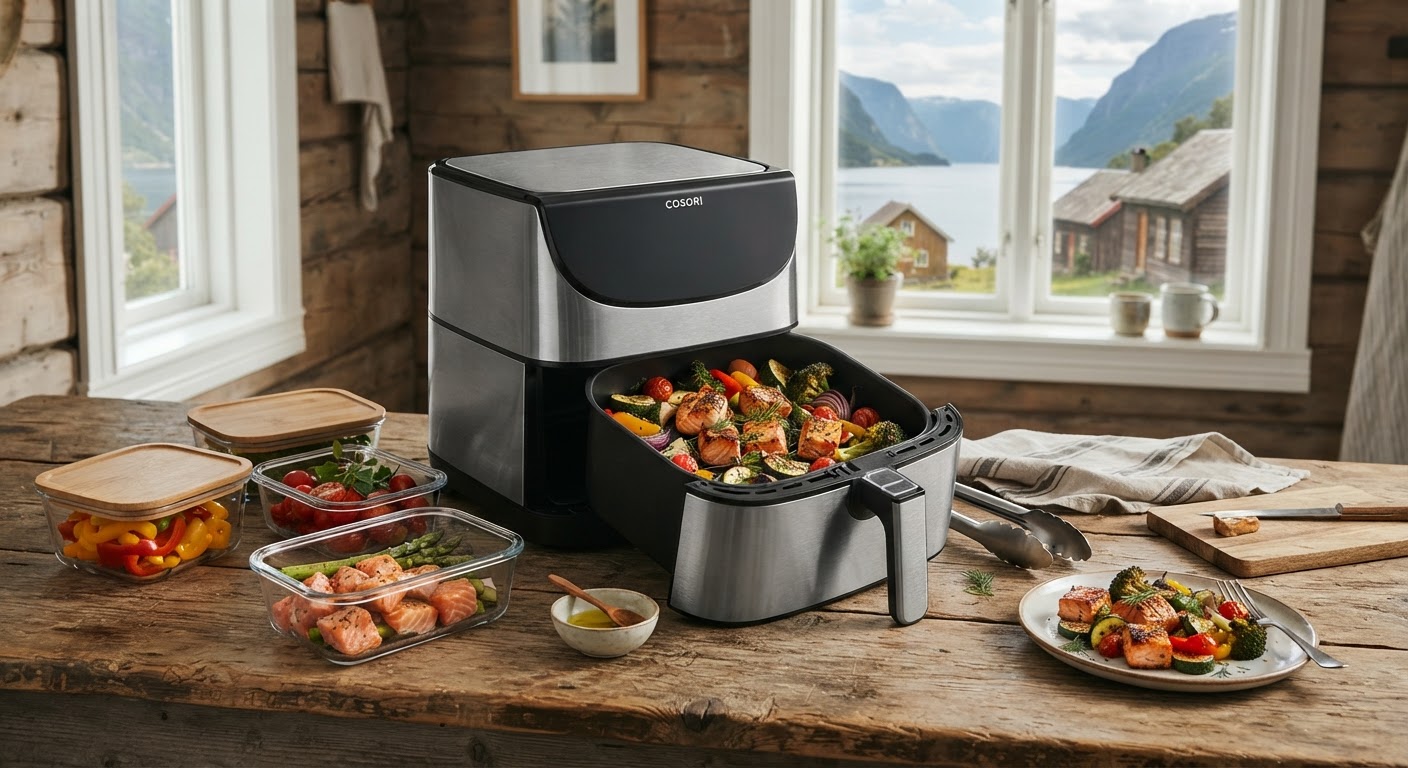 Airfryer-sommermeny på hytta: 5 lynraske middager En moderne airfryer plassert på en kjøkkenbenk på hytta med en ferdigstekt sommermiddag i kurven.
