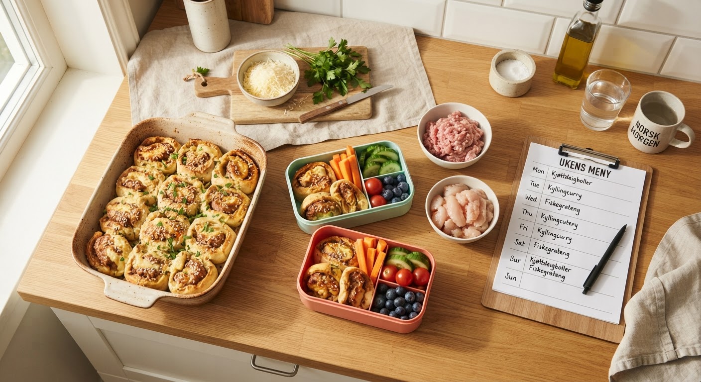 Billig ukesmeny på 15 min: 5 middager med kjøttdeig blir matpakkesnurrer Fem ulike middagsretter med kjøttdeig og fylte matpakkesnurrer lagt ut på et kjøkkenbord.
