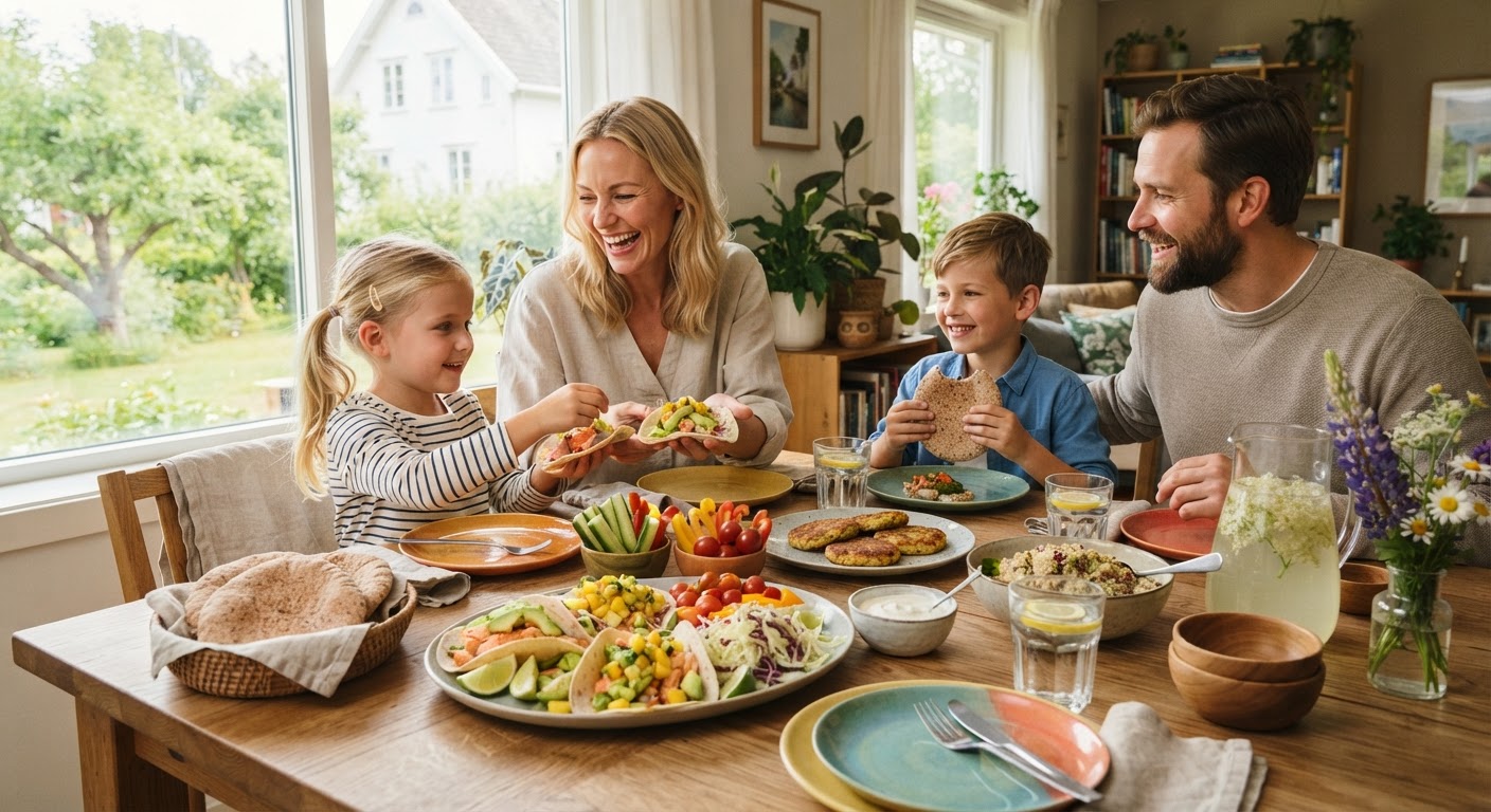 Bli kvitt middagsfellene: 5-dagers ukesmeny på 10 min En ferdig tilberedt og sunn middagstallerken med bakt laks, dampede grønnsaker og poteter på et trebord.