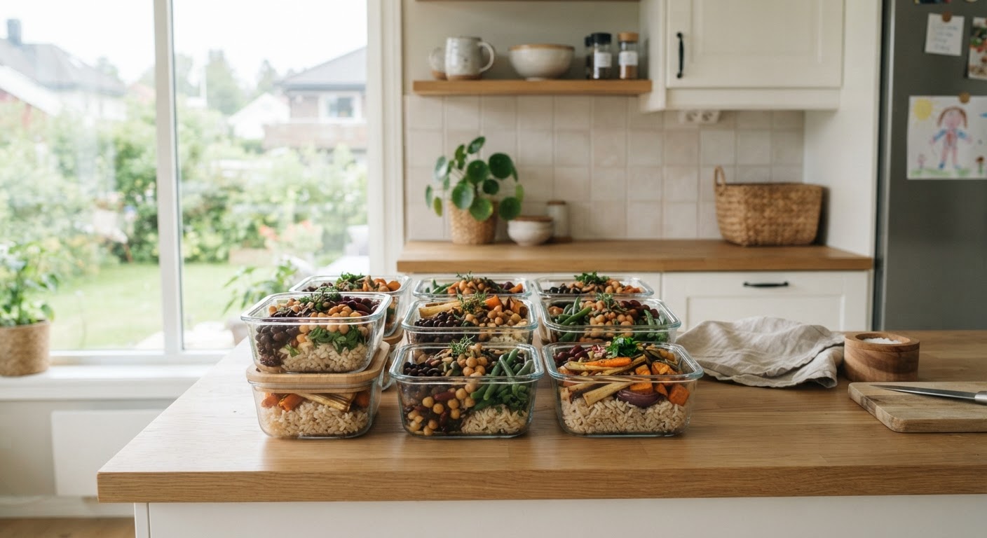 Budsjettmåned: Slik planlegger du 5 middager på 10 min. Ovenfra-bilde av en notatblokk med ukemeny, en kalkulator og et utvalg rimelige råvarer som bønner, ris og grønnsaker på et kjøkkenbord.