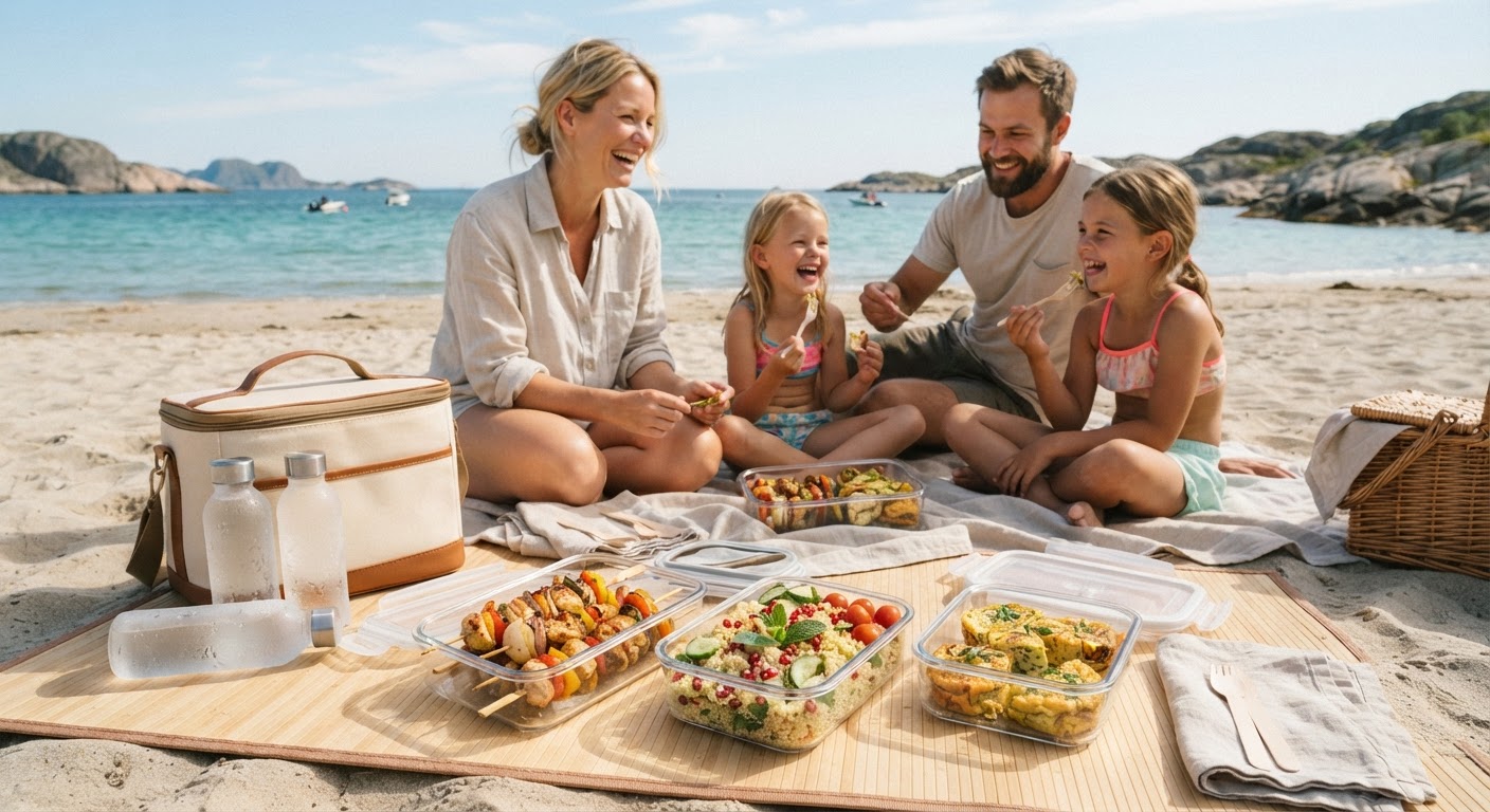 Dobbeltdag-trikset: 5 middager på 10 min som gir strandmat En åpen matboks fylt med ferdiglaget kald pastasalat med grønnsaker ved siden av en strandveske på en solfylt dag.