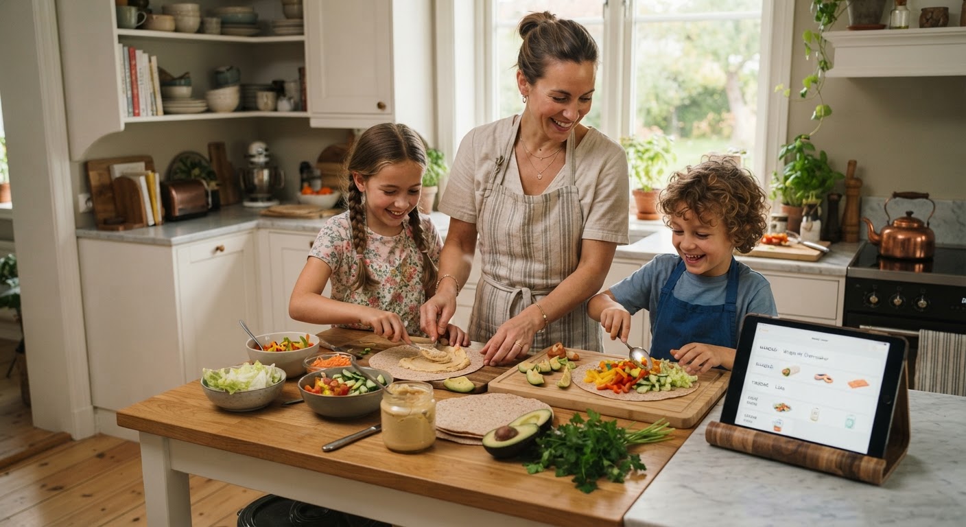 5 lynraske middager på 10 min før kveldsaktivitetene En travel familie som spiser en sunn og rask middag ved et kjøkkenbord i et lyst hjem.
