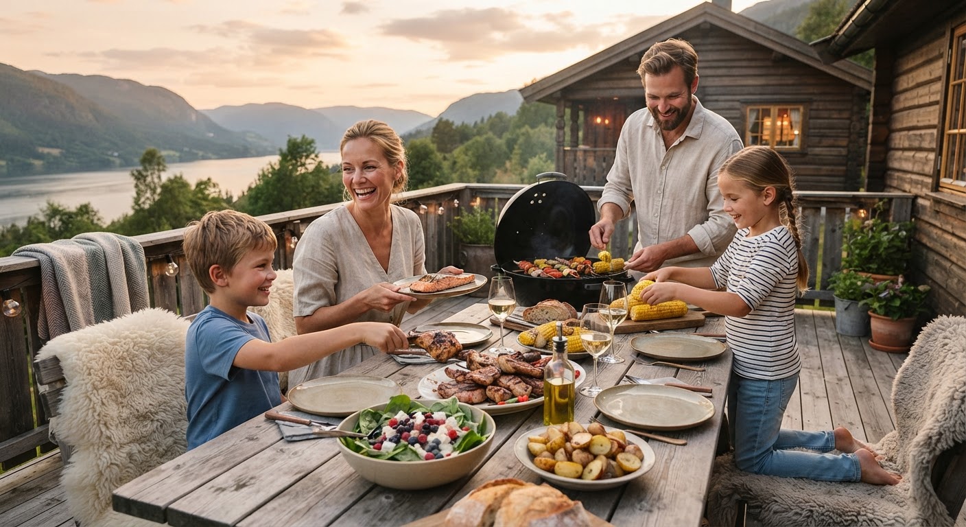 Planlegging av ukesmeny for sommerferien Et ryddig kjøkkenbord med en bærbar datamaskin, en notatbok med en ukesmeny og friske sommergrønnsaker klart for middagsplanlegging.