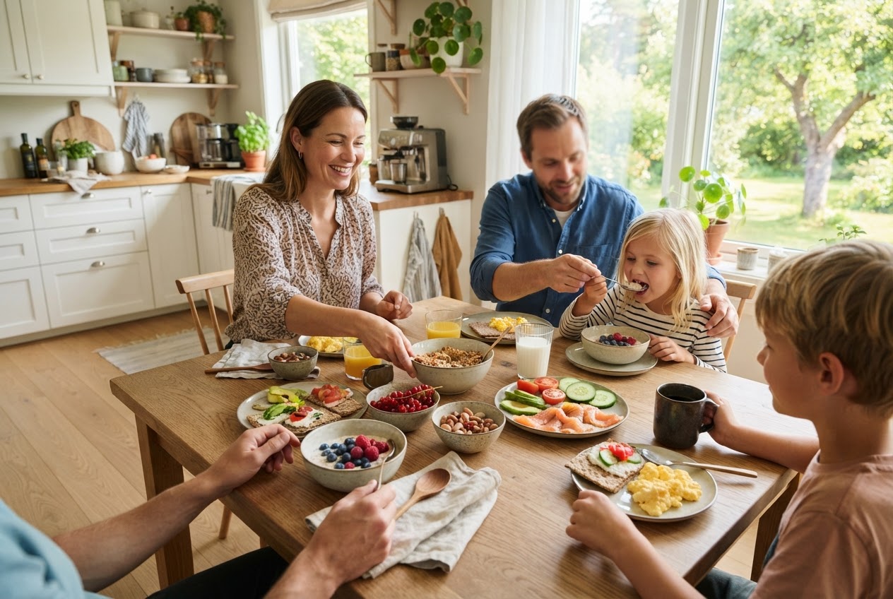Frokost-guiden: Slik får familien en enkel og sunn start på dagen En familie som sitter rundt et spisebord og spiser en sunn og variert frokost med frukt, bær og grovt brød.