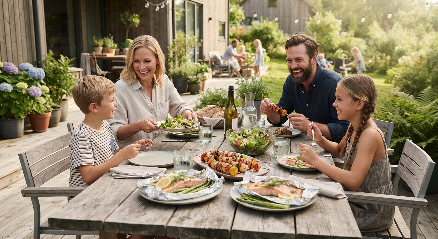 Grill-basert ukesmeny: Planlegg 5 familiemiddager på under 10 min med AI En person holder en smarttelefon med en app for middagsplanlegging ved siden av en kullgrill fylt med grillet kjøtt og grønnsaker.