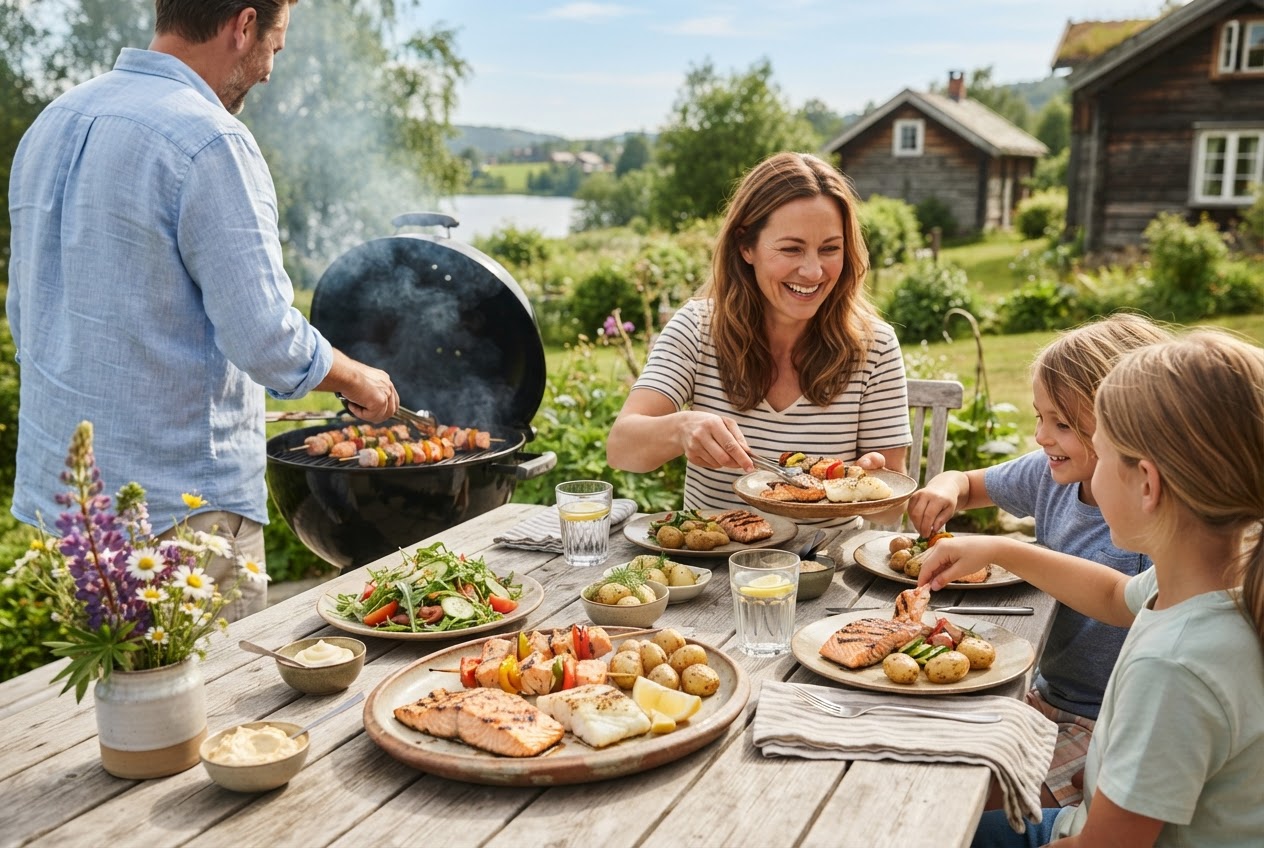 Barnevennlig fisk på grillen Grillet laks i biter og hvit fisk servert på spyd med friske grønnsaker på en tallerken.