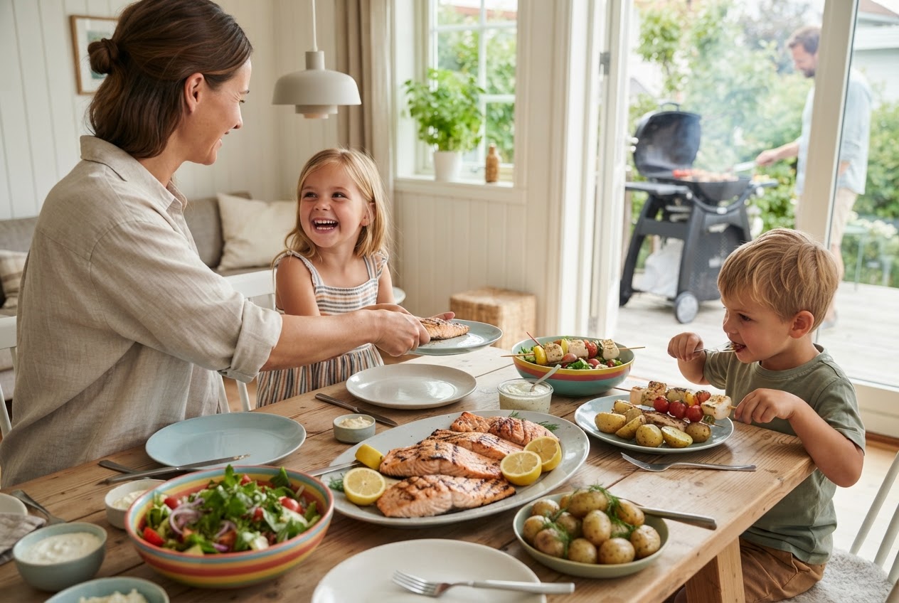 Grillmat med fisk barna elsker: 5 sommermiddager på 10 min En tallerken med grillet laks og små tomater på et utebord med sommerlig dekorasjon.