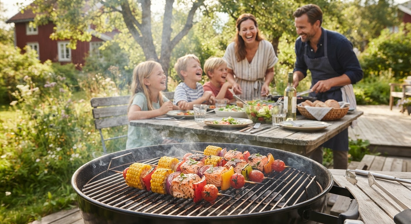 Grillet laks for hele familien Grillet laks i stykker servert med grønnsaker på et fat, tilpasset barnevennlig grillmat.