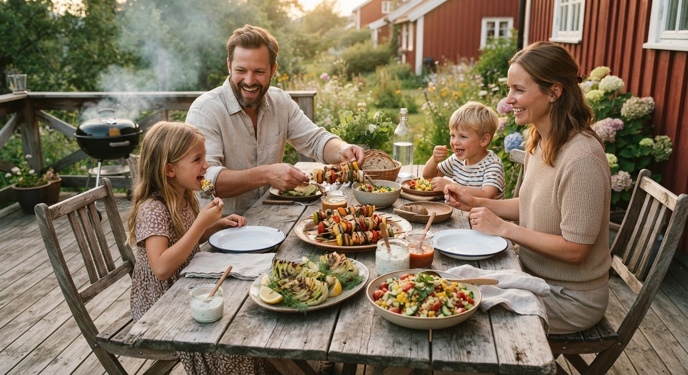 Grillmat på budsjett uten svinn: 5 familiemiddager på 10 min En ferdig grillet middagstallerken med kjøtt, grillet paprika, squash og en enkel salat på et utebord.