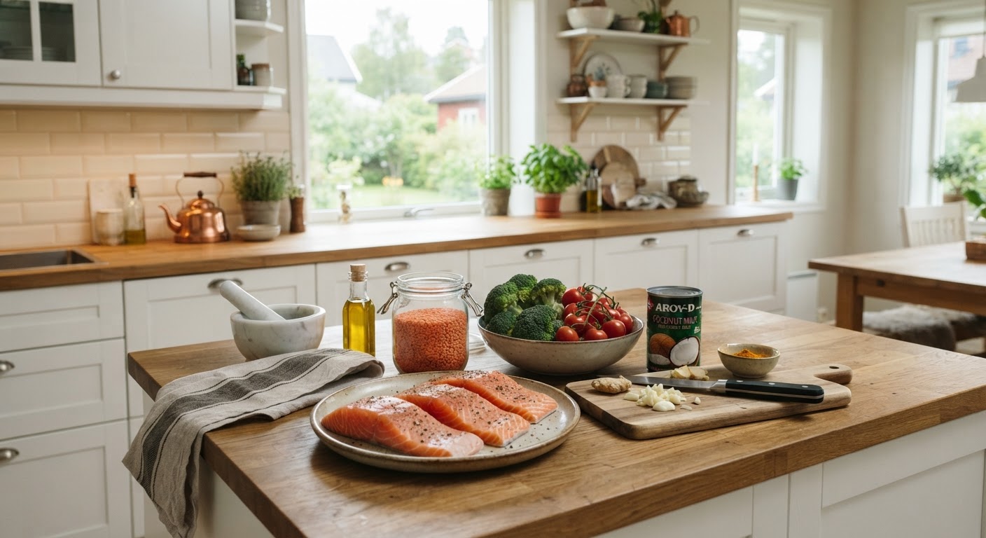 Grønnere og rimeligere ukesmeny på 15 minutter Et flatt oversiktsbilde av en ukeplanlegger på papir ved siden av friske råvarer som fisk, grønnsaker og en boks med kikerter på en kjøkkenbenk.
