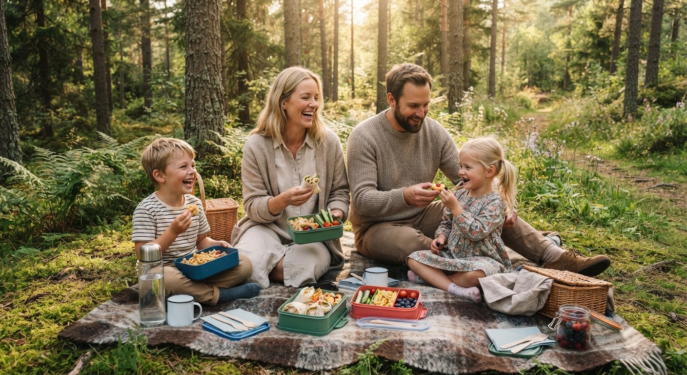 Kald turmat til skolestart: 5 raske turmiddager på 15 min En fargerik turmatboks med pastasalat, grønnsaksstaver og bær plassert på en stein ute i skogen.
