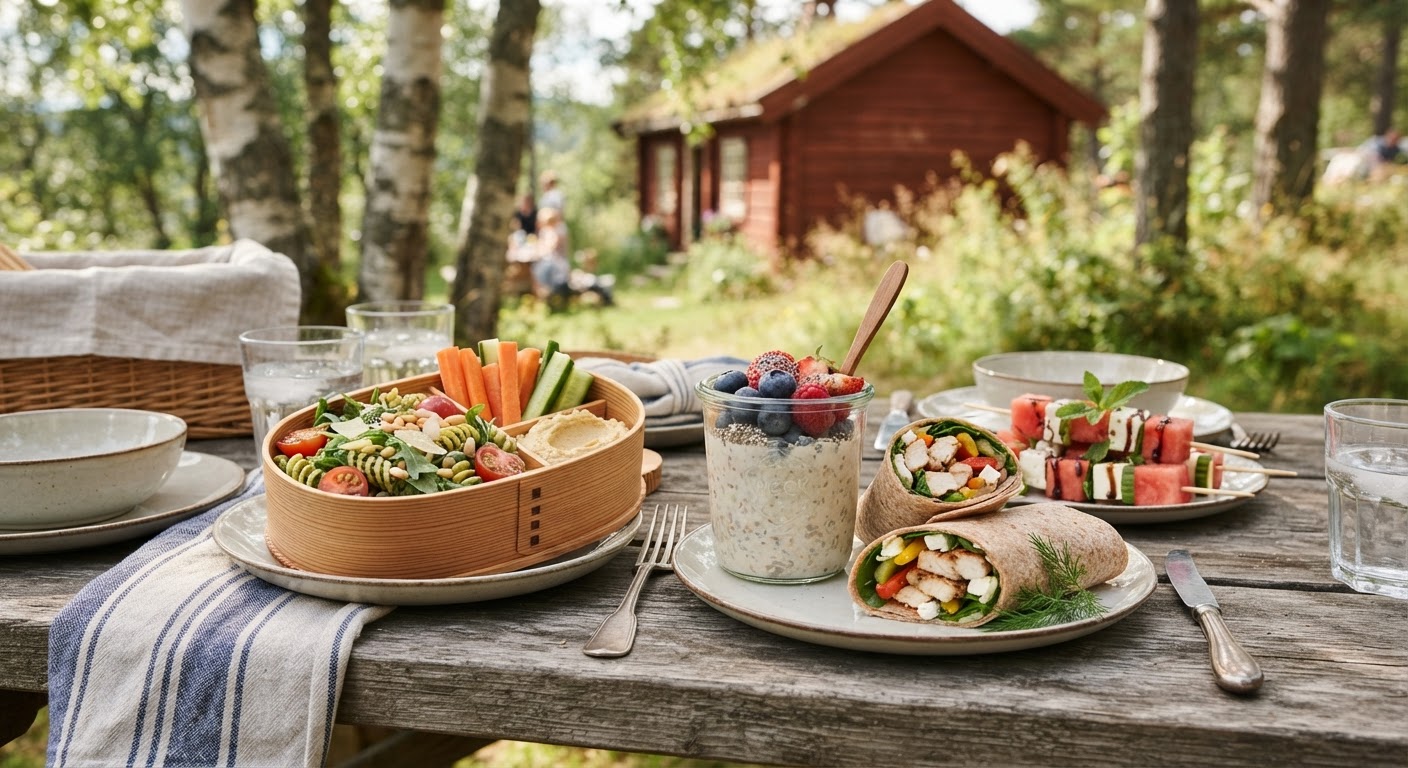 Enkel kald turmat til sommerferien Et utvalg av fargerike og ferdigpakkede matbokser med kald turmat som wraps, pastasalat og frukt spredt utover et turteppe på en strand.