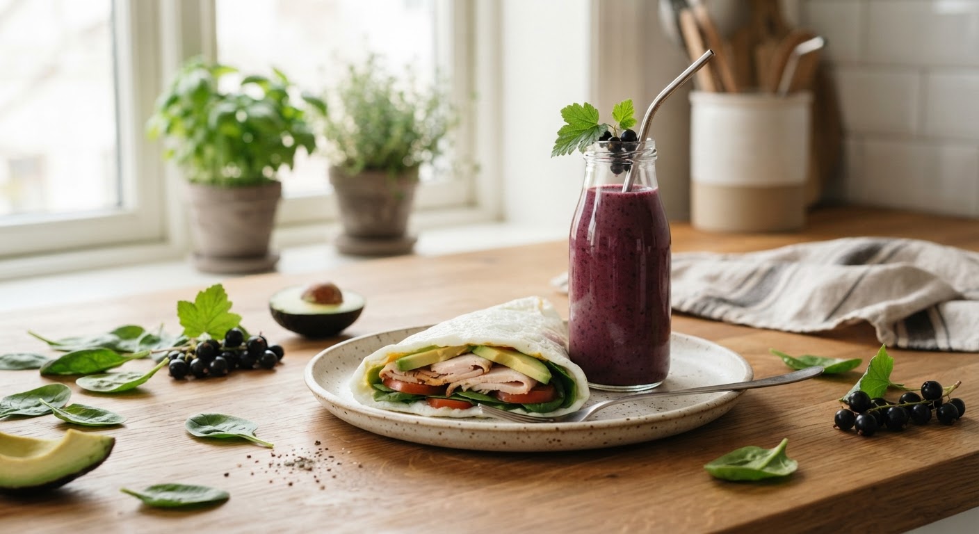 7 sunne wraps og smoothies du prepper kvelden før En ferdigpakket matboks med en fargerik wrap delt i to og en glassflaske med solbærsmoothie ved siden av på en kjøkkenbenk.