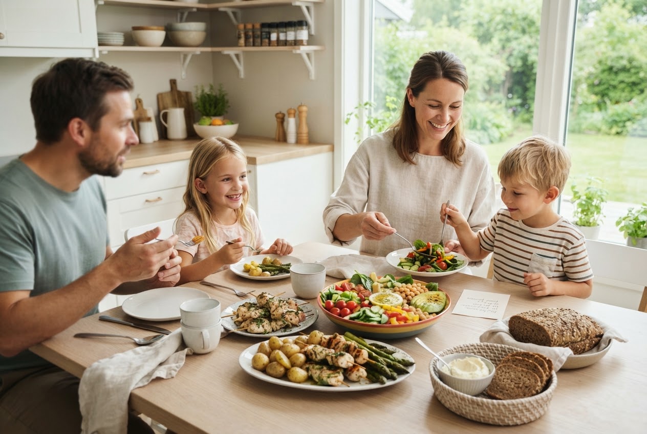 Matallergi i familien: Guide til trygg planlegging av hverdagsmaten En familie som sitter sammen ved et kjøkkenbord og spiser et felles allergivennlig måltid.