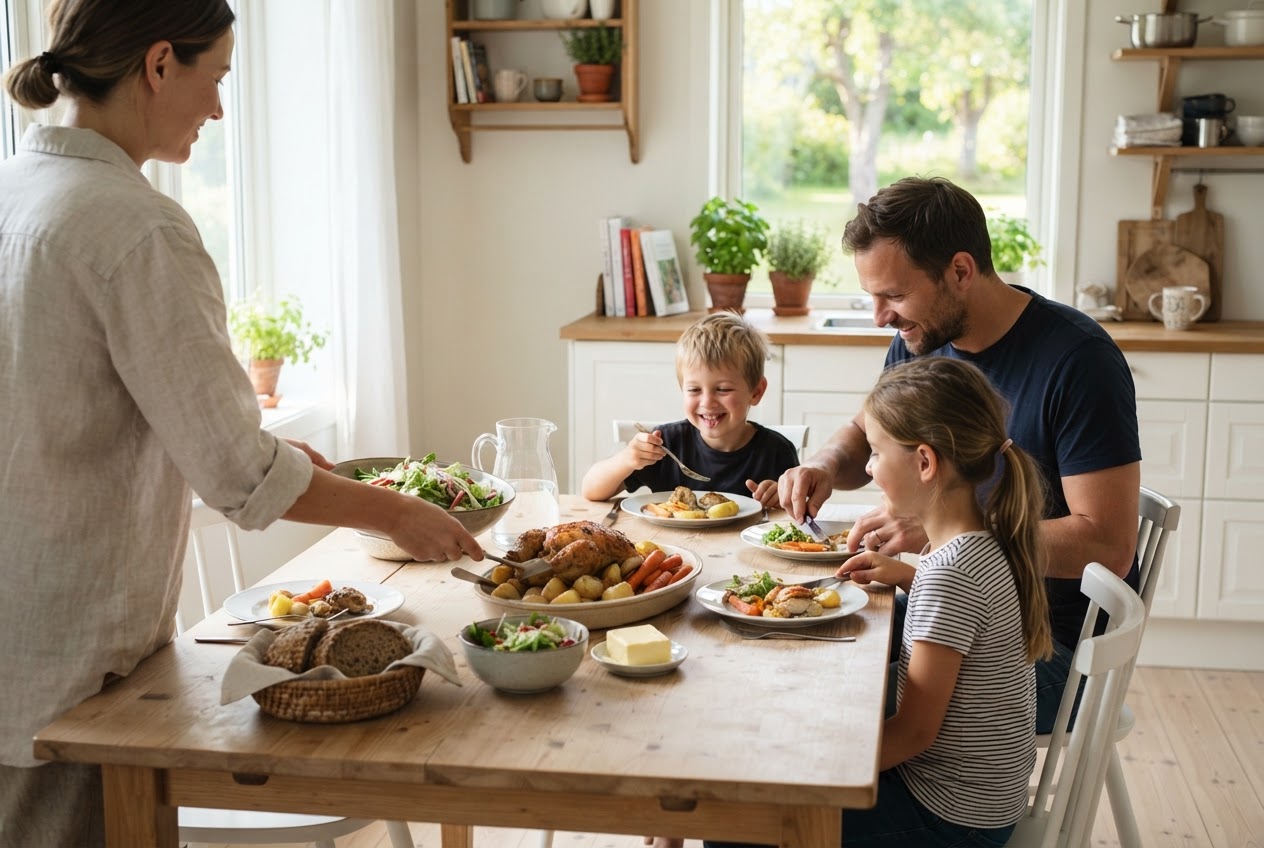 Matbudsjett for familien 2026: komplett guide med SIFO-tall En person som planlegger ukens måltider og matinnkjøp ved hjelp av en notatblokk og en kalkulator på et kjøkkenbord.