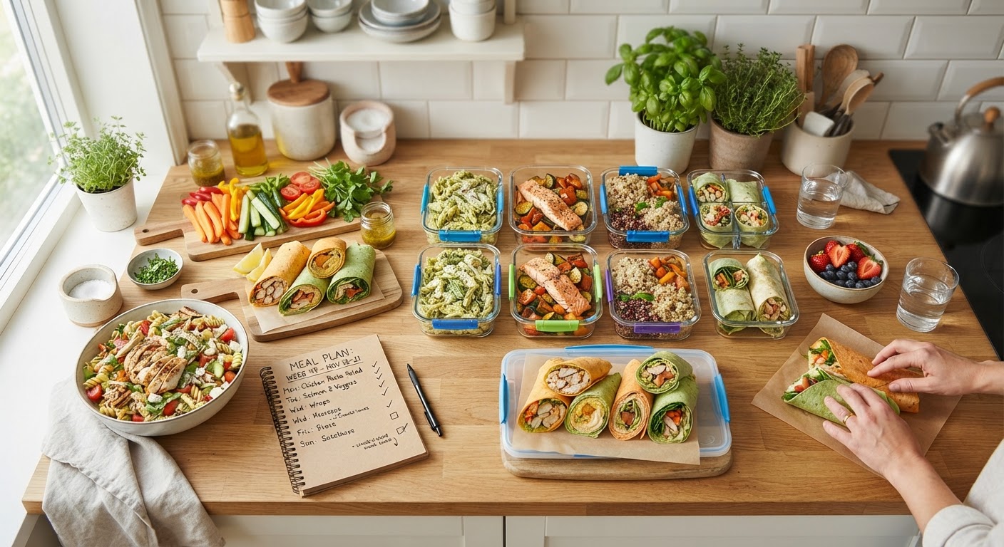 Matpakke av middagsrester for skoleuken En åpen matboks med middagsrester ved siden av en ukesplan på et kjøkkenbord.