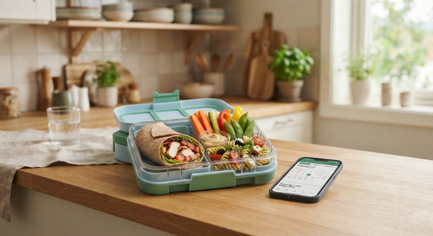 Matpakke til ungdom på autopilot: 5 middager blir 5 matpakker En åpen matboks fylt med en fargerik pastasalat med grønnsaker og kylling, ved siden av en digital ukesmeny på en mobilskjerm.
