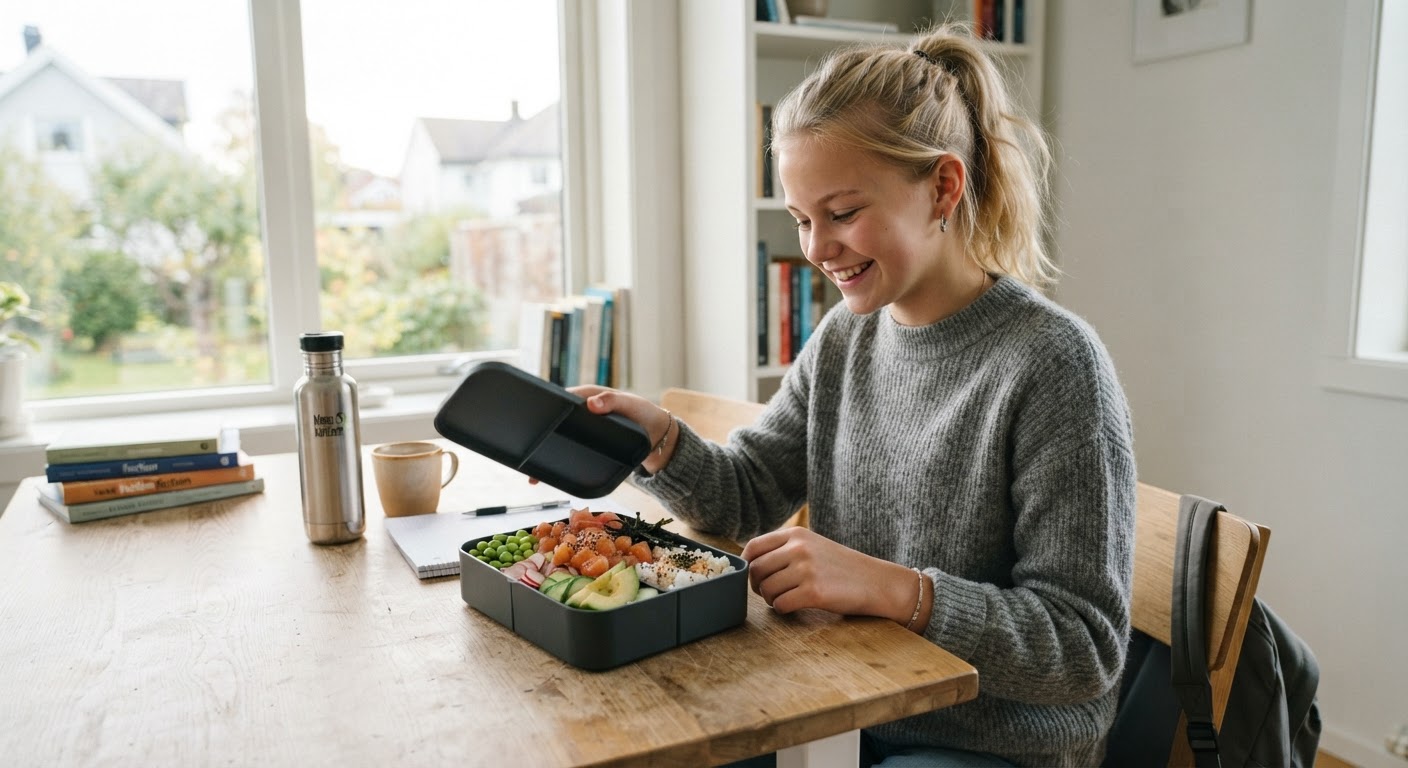 Inspirasjon til sunn matpakke for ungdom En ryddig matboks fylt med en fargerik salat av middagsrester, grønnsaker og kikerter plassert ved siden av en skolesekk.