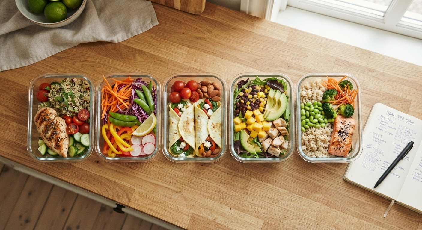 Meal prep for travle hverdager: 5 sunne lunsjer på 15 min Fem matbokser med rominndeling fylt med ferdiglaget sunn lunsj bestående av kylling, egg og grønnsaker.