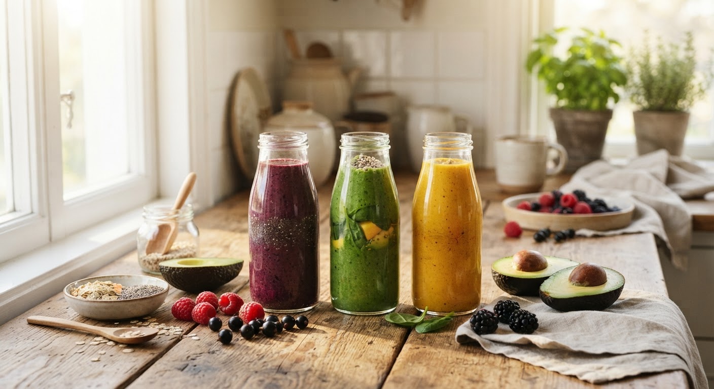 Mettende smoothies uten banan: 5 favoritter du prepper raskt Tre glass med fargerike smoothies uten banan på et lyst trebord, pyntet med bær og havregryn.