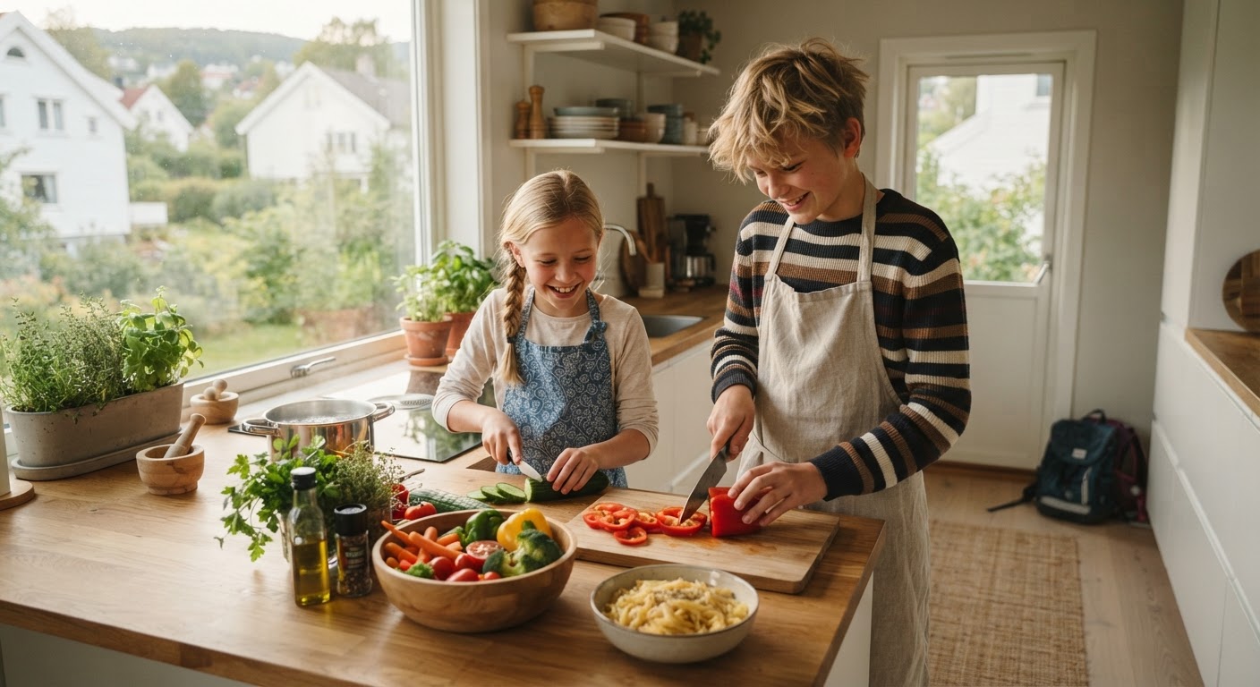 Middag barn kan lage selv: 5 selvgående skolestart-middager Et barn i skolealder står på kjøkkenet og forbereder en enkel middag med skjærebrett og grønnsaker foran seg.