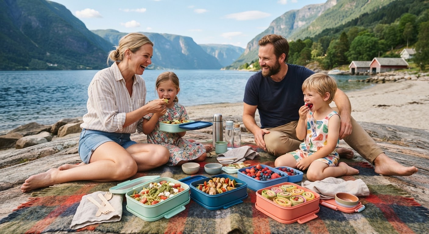 Middag blir strandmatpakke: 5-dagers sommermeny på 10 min Fargerik og fristende matpakke med salat, oppskåret frukt og grovt brød i en matboks, plassert på et strandhåndkle med sjøen i bakgrunnen.