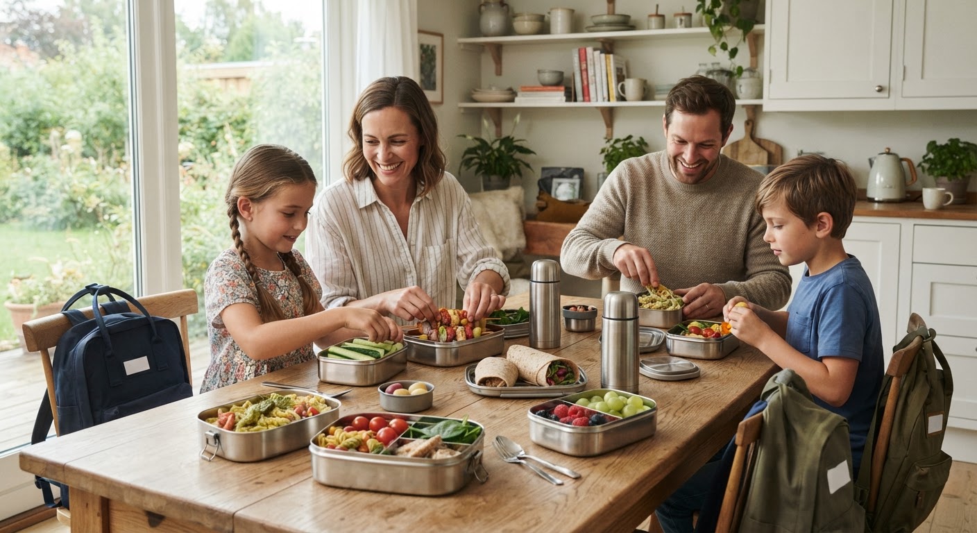 Turmat fra restemiddagen i matboks En matboks fylt med restemat fra en familiemiddag, plassert på en tursekk i skogen.