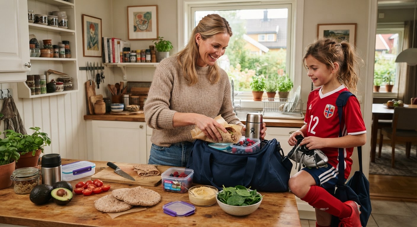 Middag før trening: Slik planlegger du ukesmenyen på 10 min. En mor og datter på et kjøkken som pakker en matboks med sunn middagsmat før trening.