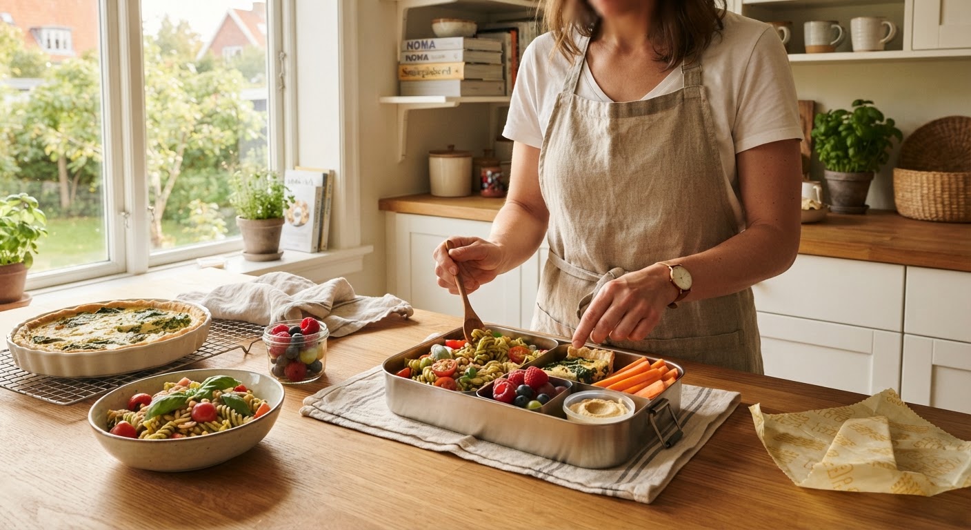 Middag og klassetur-matpakke i ett: 5 doble måltider Åpen matboks med grov wrap fylt med kylling og grønnsaker ved siden av en ferdig anrettet middagstallerken på et kjøkkenbord.