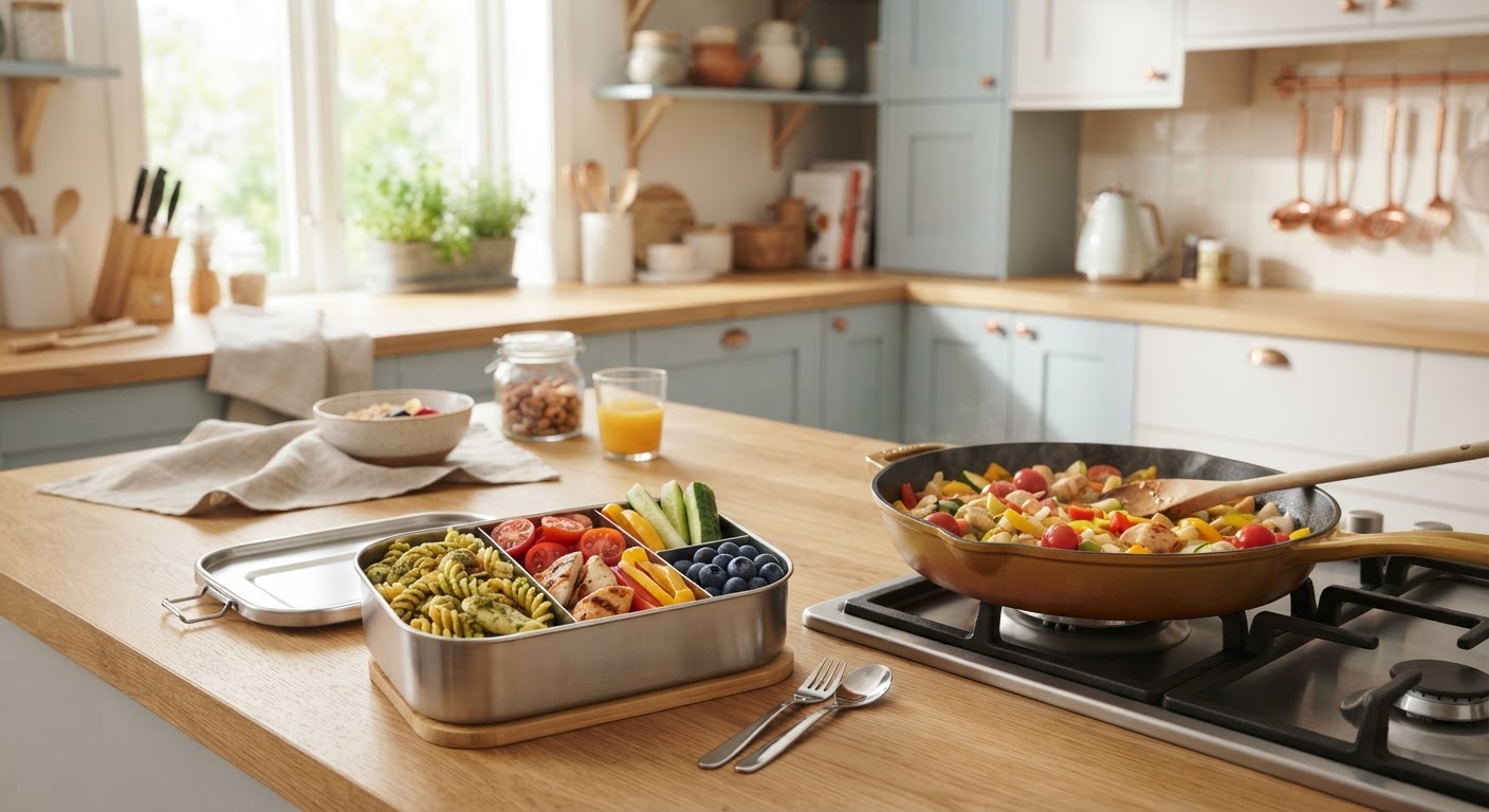 Effektiv matlaging for middag og matpakke En ryddig kjøkkenbenk med oppkuttet grønnsaker og en ferdigpakket matboks ved siden av en varm middagsrett.