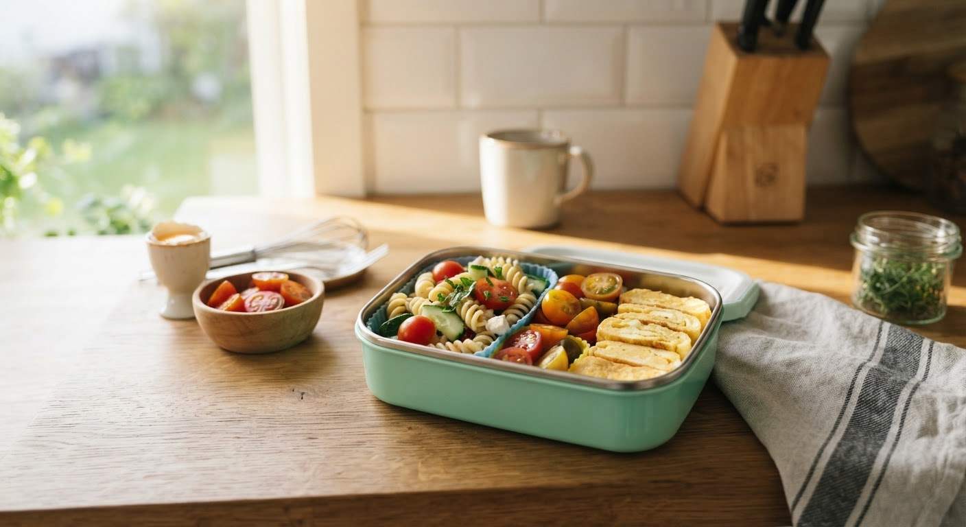 Matpakker av middagsrester til skolestart Et utvalg av ferdige matpakker med middagsrester som kyllingwraps, pasta og salat, pent plassert ved siden av hverandre.