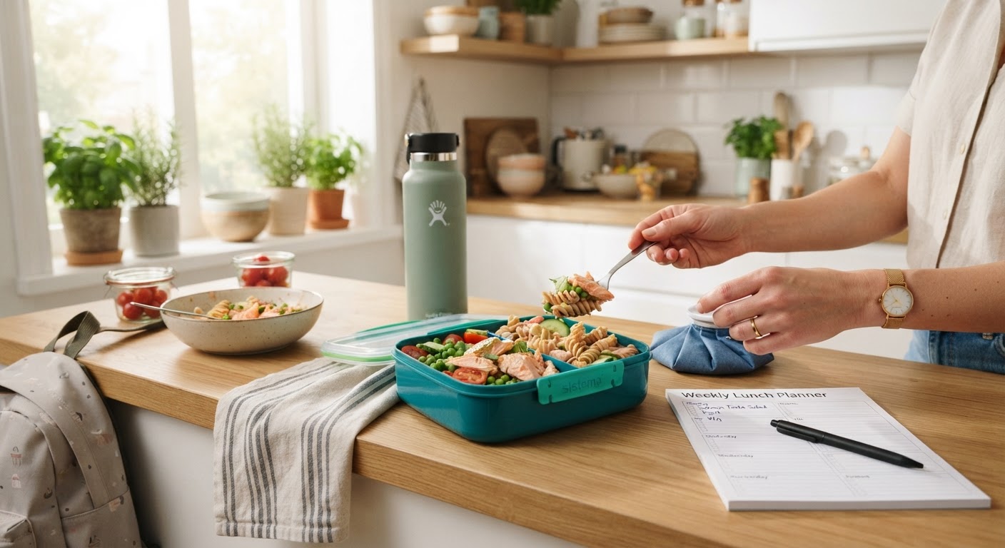 Middag og matpakke til skolestart En matboks og en middagstallerken med sunn mat side om side på et kjøkkenbord.