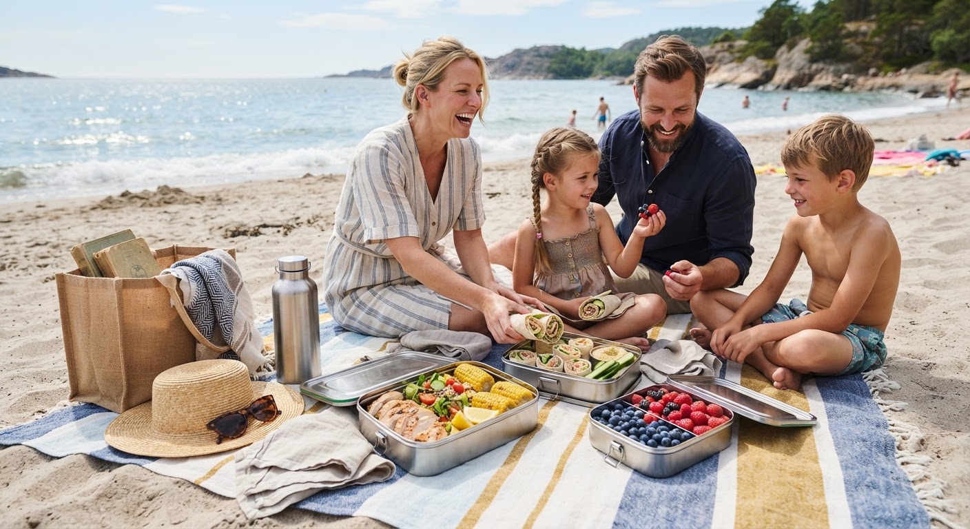 Middag til strandveske: 5-dagers sommermeny på 10 min med AI En ferdigpakket matboks med grillet kylling, pastasalat og friske grønnsaker ved siden av en strandveske på et piknikteppe.