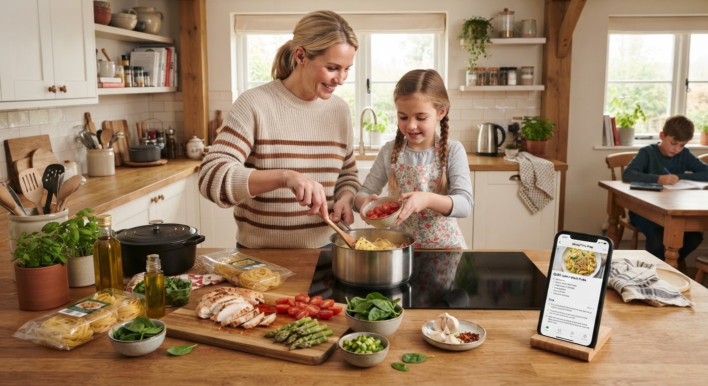 Fem raske middagsretter for travle hverdager Ovenfra-bilde av fem ulike, raske middagsretter servert i små skåler på et lyst kjøkkenbord.