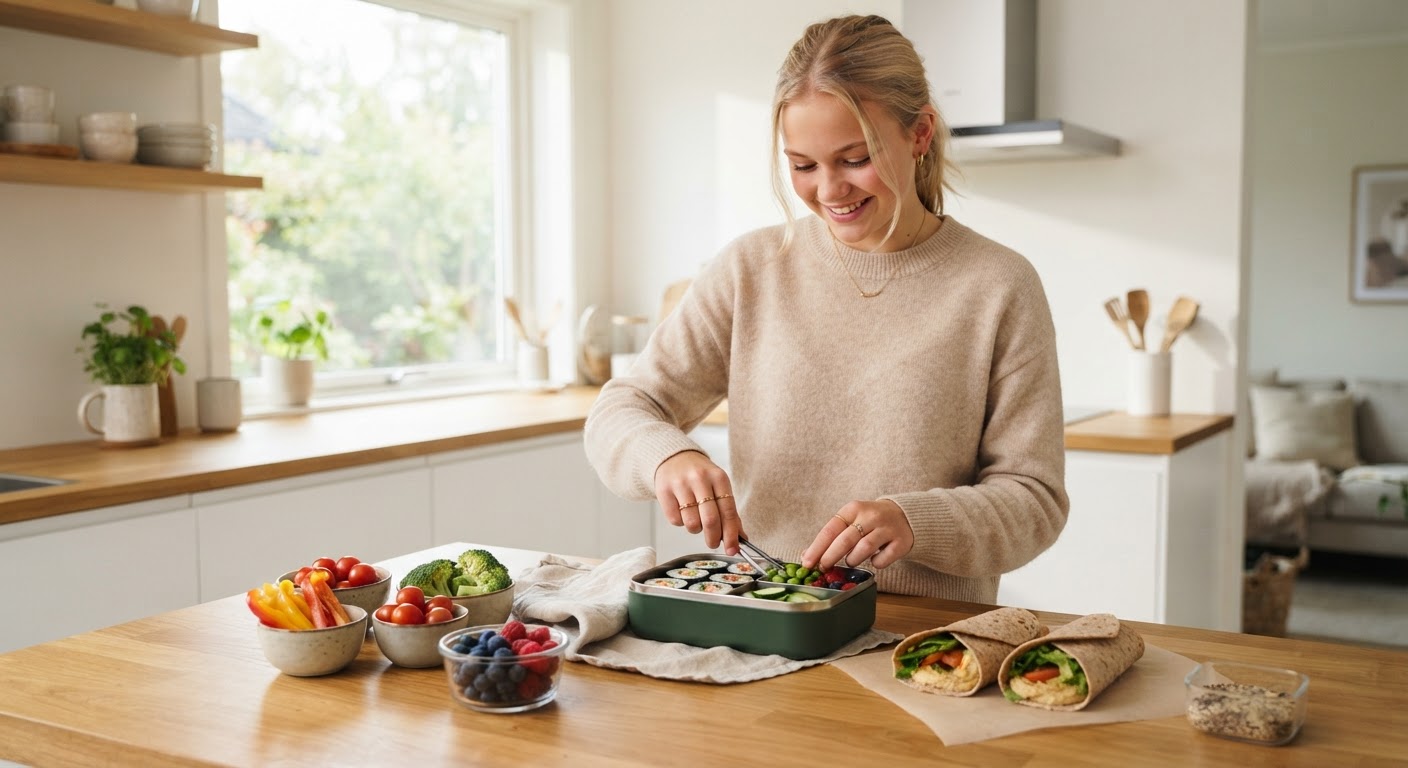 Sjølgående matpakker til skolestart: Planlegg uken på 10 minutter Matbokser og ingredienser organisert i et kjøleskap med merkede bokser for enkel matpakkeprepping.
