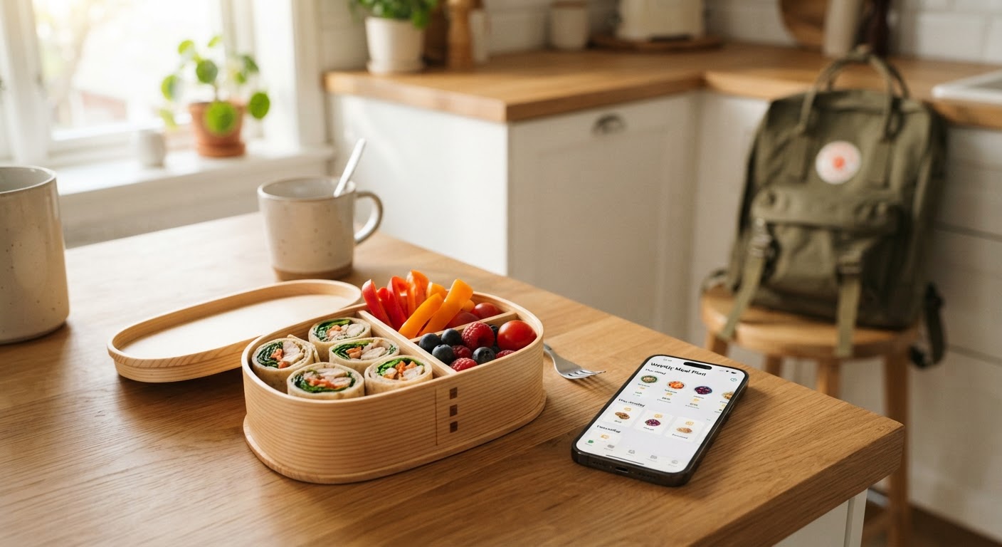 Planlegging av middag og matpakke for uken En ferdigpakket matboks med middagsrester ved siden av en åpen notatbok med en ukentlig matplan for familien.