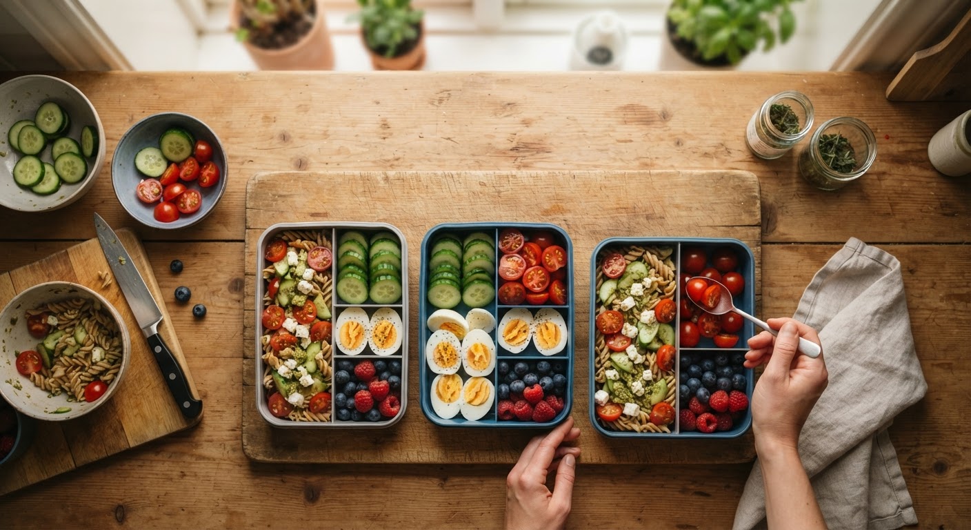 Fem ferdigpakkede matbokser til skoleuken Fem fargerike, romdelte matbokser fylt med variert sunn mat som grovt brød, oppskåret frukt, grønnsaker og egg står på en kjøkkenbenk.