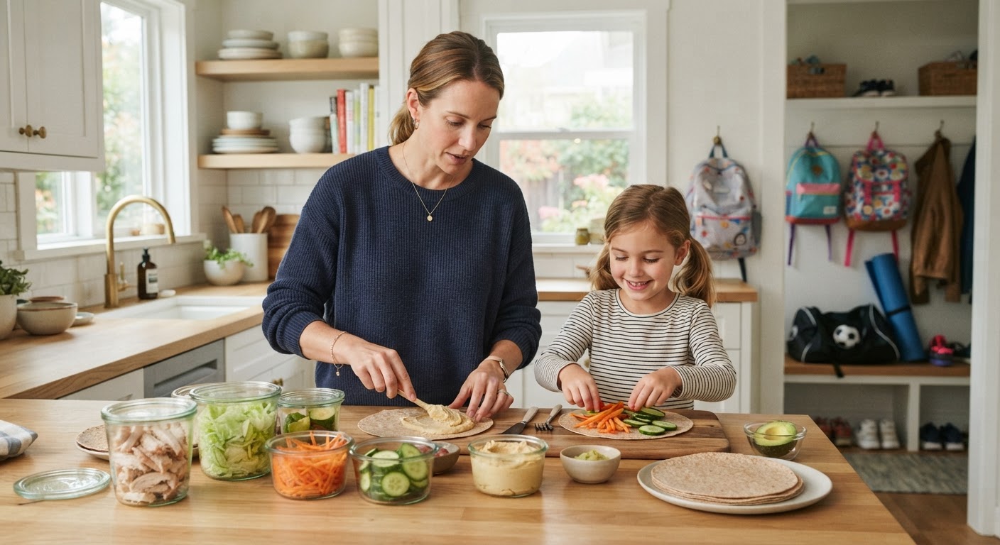 Lynrask middag til en travel hverdag En person som skjærer friske grønnsaker på en trefjøl ved siden av ferdigkokt pasta, som et eksempel på rask middagslaging.