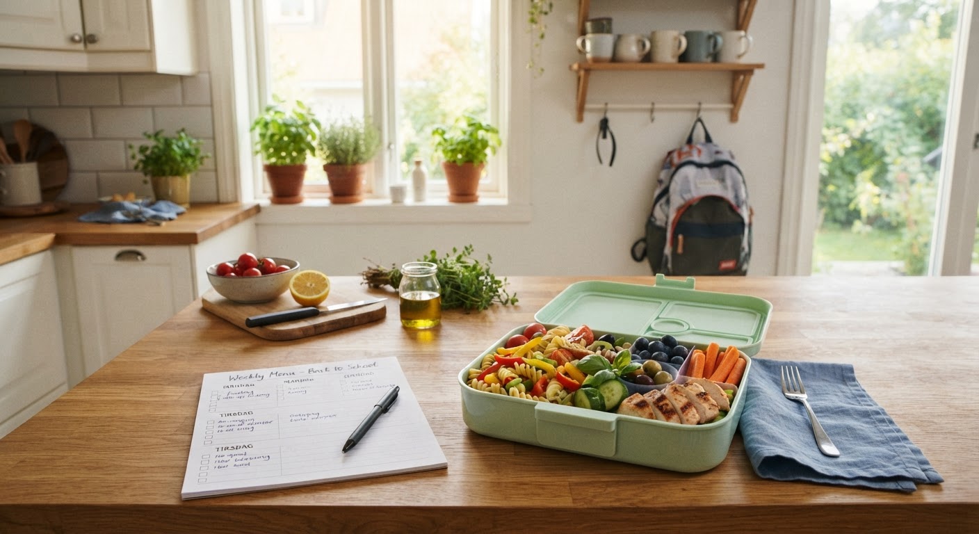 Planlegging av ukesmeny og matpakke for skolestart En matboks med middagsrester ved siden av en planleggingsliste for ukesmeny og skolebøker på et kjøkkenbord.