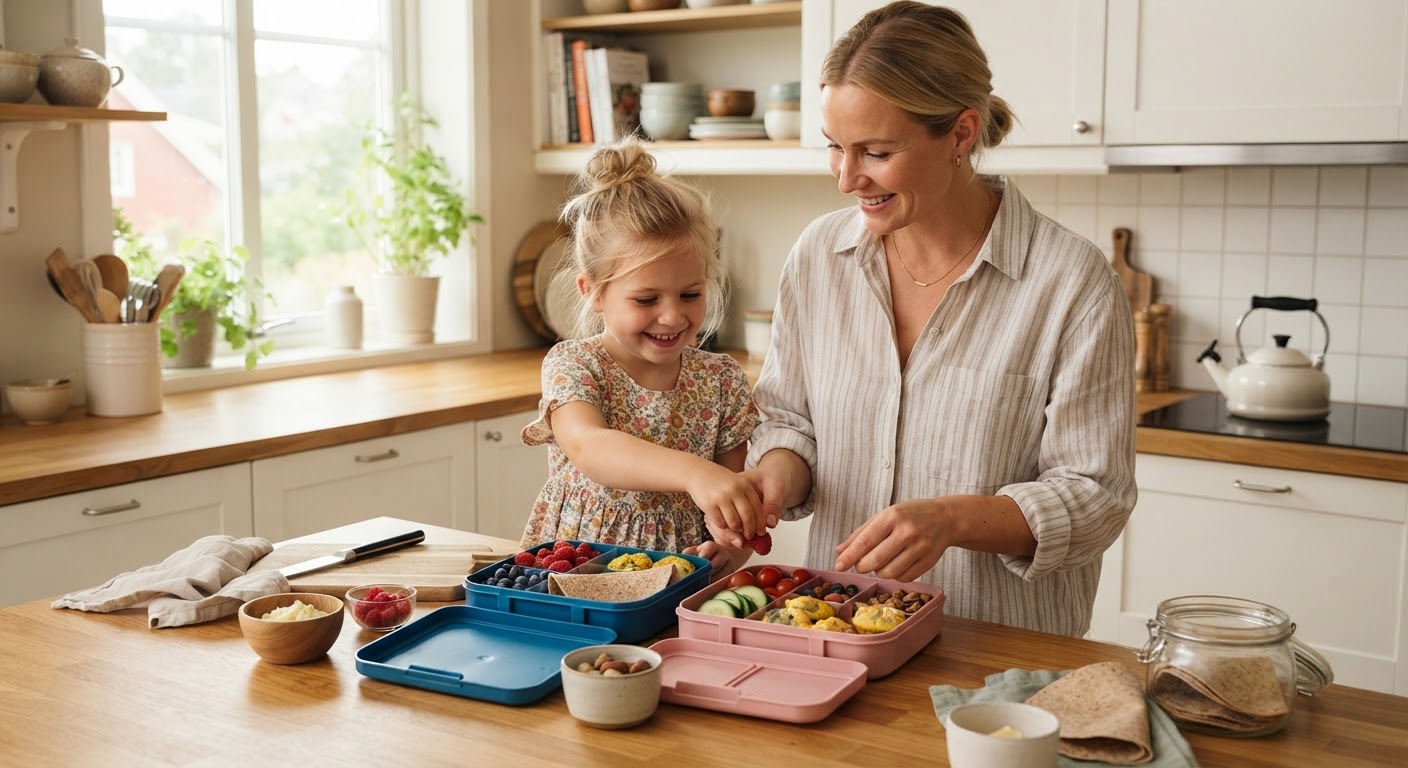 Ferdigpakkede matbokser for skoleuken Fem ulike, ferdigpakkede matbokser med sunne lunsjer som inneholder grovt brød, oppkuttede grønnsaker, frukt og middagsrester.