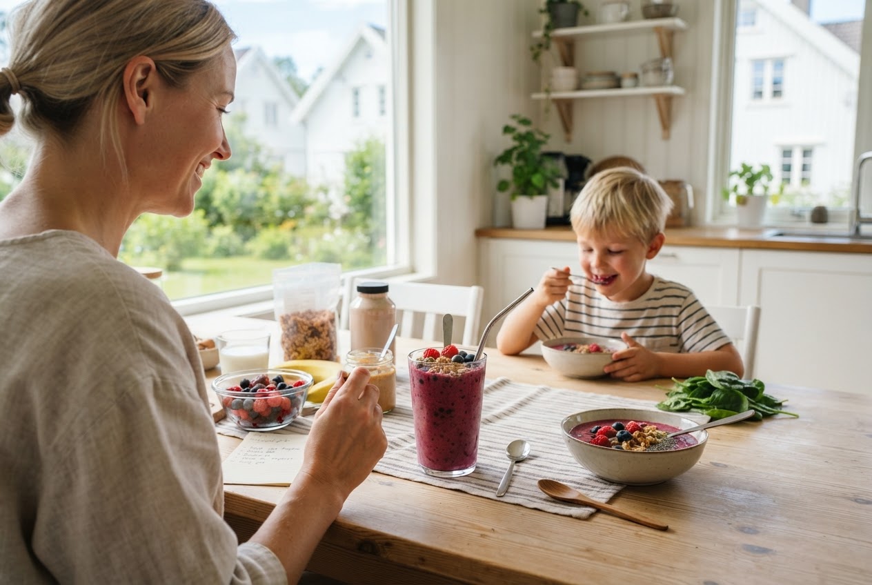 Smoothie-guiden: Formelen som gir mettende smoothies hver gang En sunn og mettende smoothie i et glass med sugerør, plassert på et lyst kjøkkenbord ved siden av ingrediensene som bær, nøtter og havregryn.