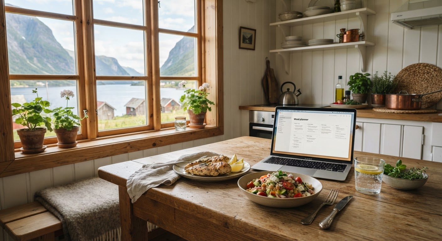 Sømløs hyttemat: 5 enkle sommermiddager på 15 minutter En ferdiglaget enkel sommermiddag servert på en hyttebenk, med friske grønnsaker og enkle råvarer i bakgrunnen.