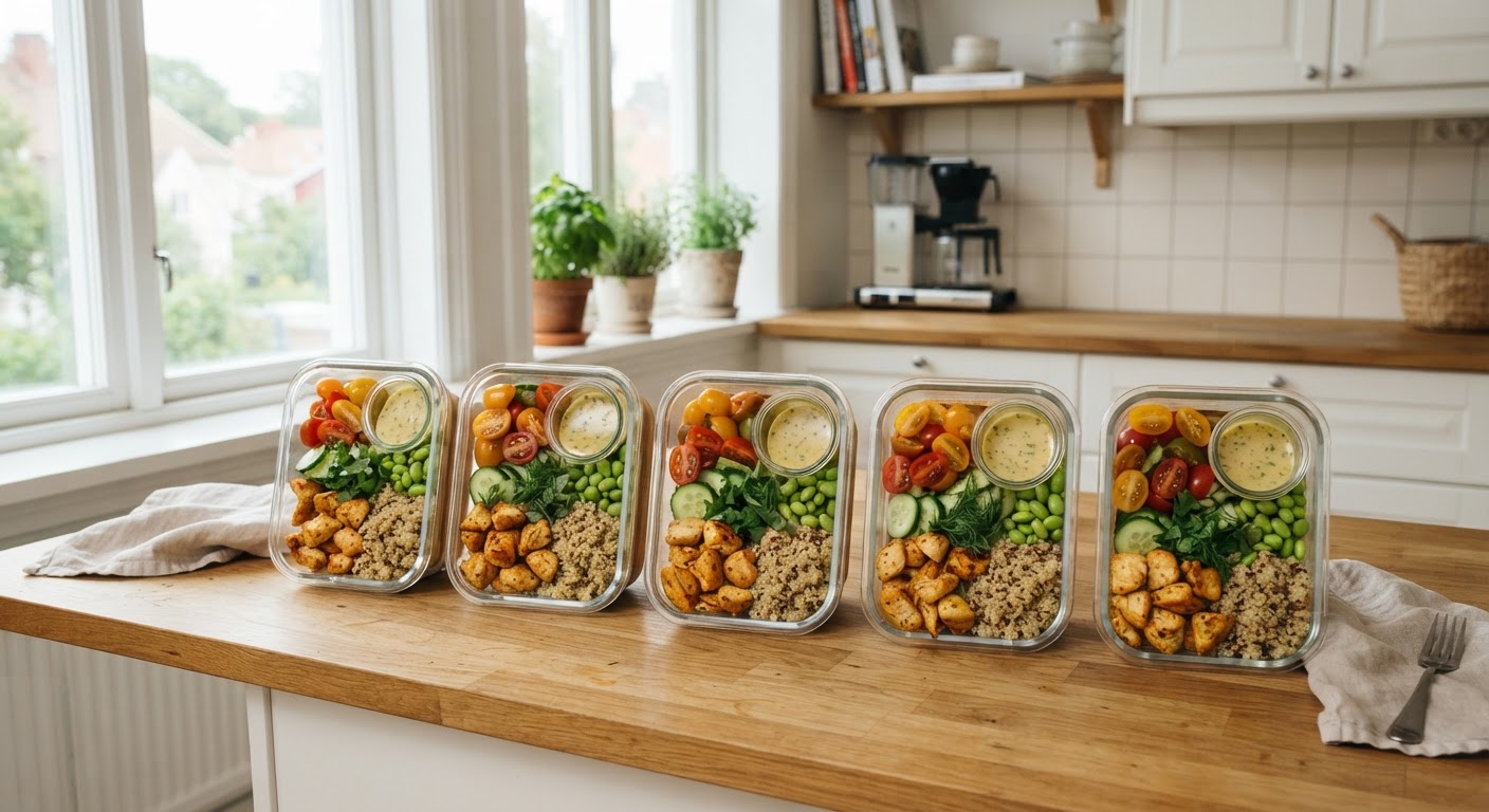 Søndagsprepp for skolestart: 5 varierte matpakker på 20 minutter Fem matbokser i glass fylt med varierte lunsjretter som kylling, ovnsbakte grønnsaker og pasta, stilt opp på en benkeplate.