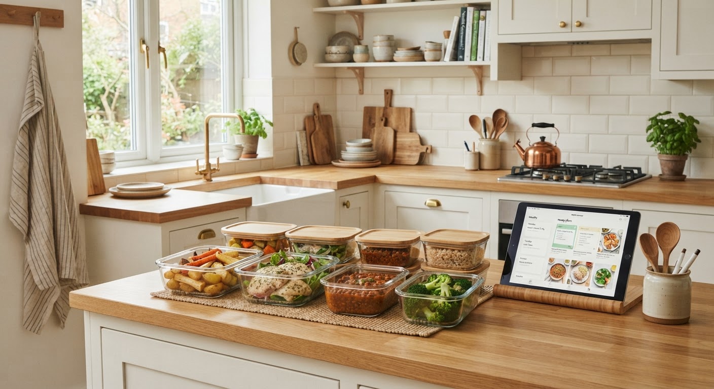 Handle inn til rimelig ukesmeny En familie handler inn sunne råvarer til en ukesmeny og legger dem i handlekurven i en matbutikk.