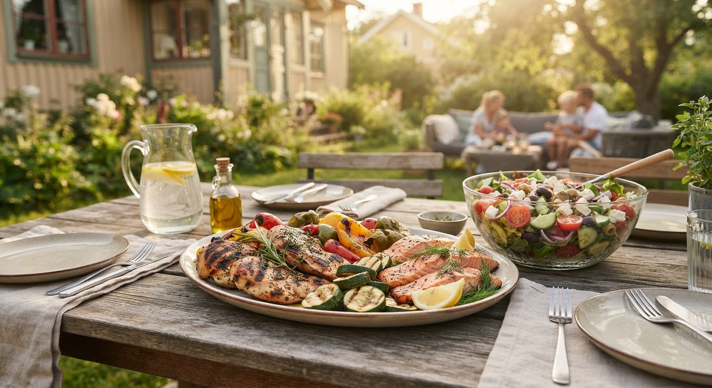 Spar 3 timer i sommer: Planlegg 5 middager med dobbel-grilling En grill fylt med ferdiggrillet kylling, pølser, maiskolber og squash ved siden av ferdige porsjonspakker med grillmat.