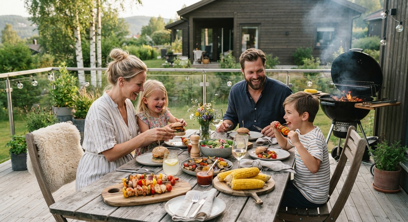 Stressfri helgemiddag: barnevennlig lørdagsgrilling på 10 min Små grillspyd med kylling og fargerike grønnsaker og en saftig smashburger grilles på en kullgrill sammen med et barn som hjelper til.